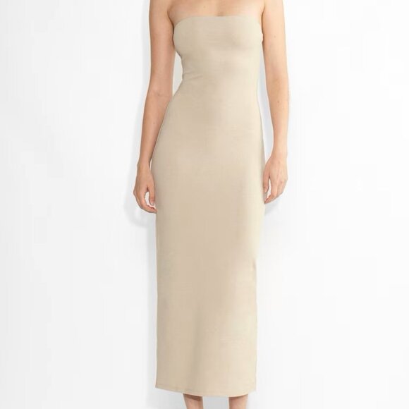 Aritiza Contour Strapless Maxi Tube Dress in Heather Oat Beige - Size 2XS - NWT - Picture 1 of 10